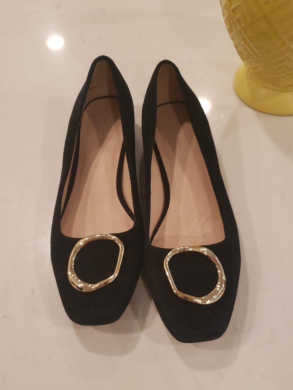 Something Navy Black Suede Flats with Gold Ring Accent